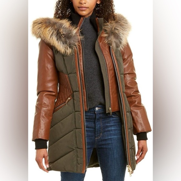 NICOLE BENISTI Courvechal leather&Fox Fur-Trim Chevron Down parka Coat sz small - Picture 12 of 17